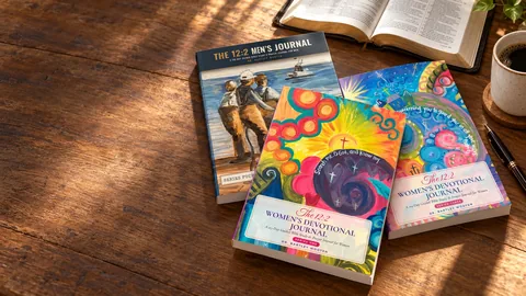 The 12:2 devotional journals on a wooden table beside an open Bible and a cup of coffee